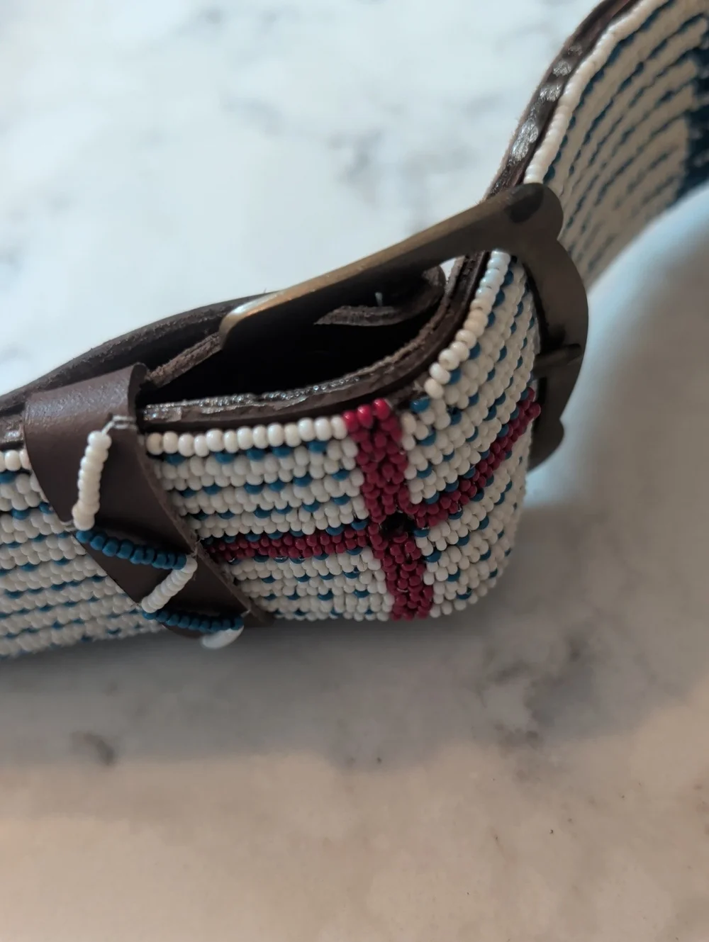 Hand Beaded Blue Leather Belt with Cross Detail